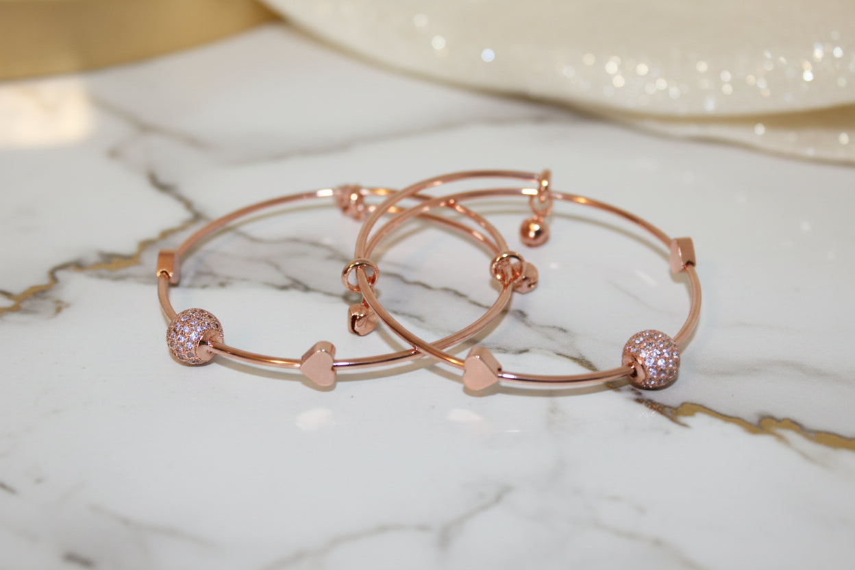 Rose Gold Bracelet Set with Crystal Balls and Heart Charms - Costume Jewellery