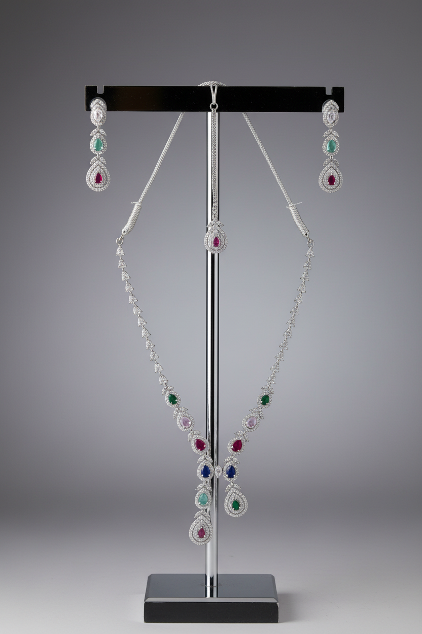 Multi-colored gemstone jewellery set on display stand