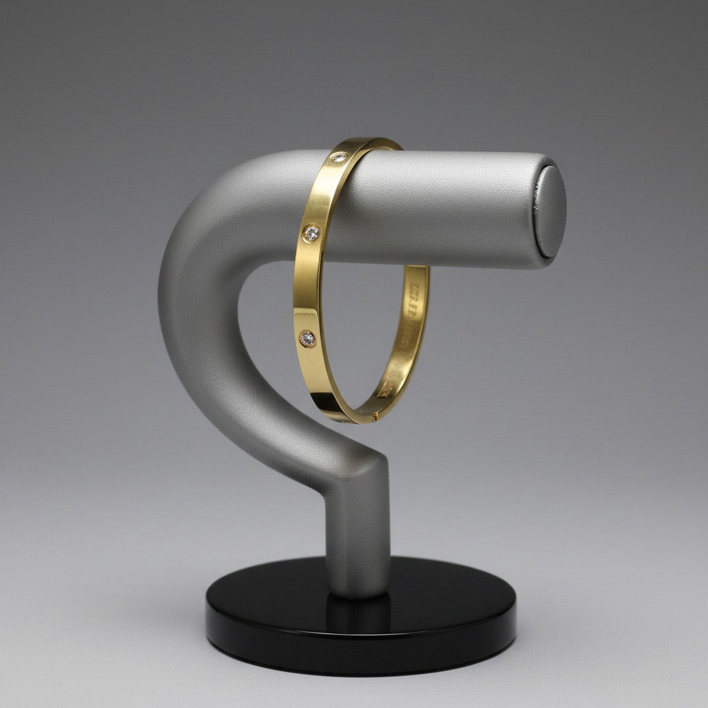 Gold bangle bracelet with crystal studs on display stand