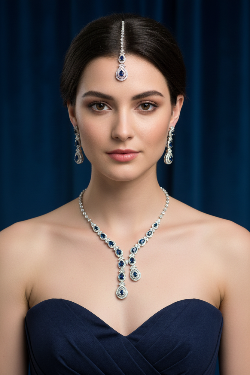 Model wearing navy blue sapphire jewellery set - close-up