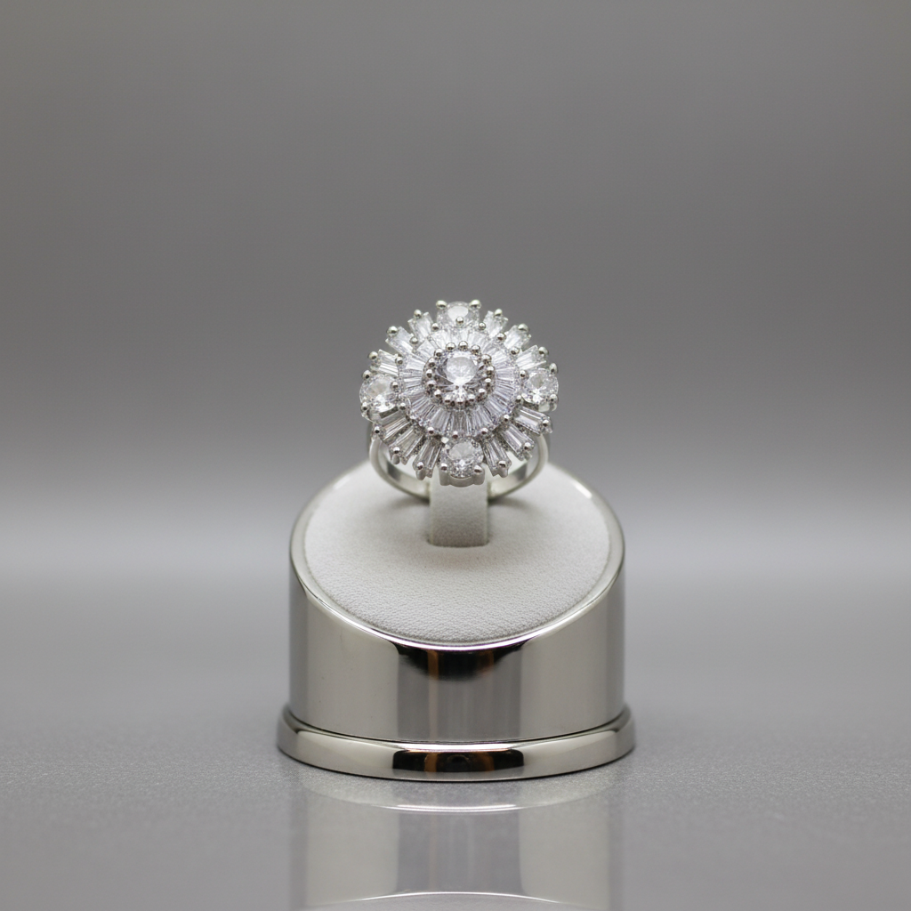 Crystal sunburst ring on display stand