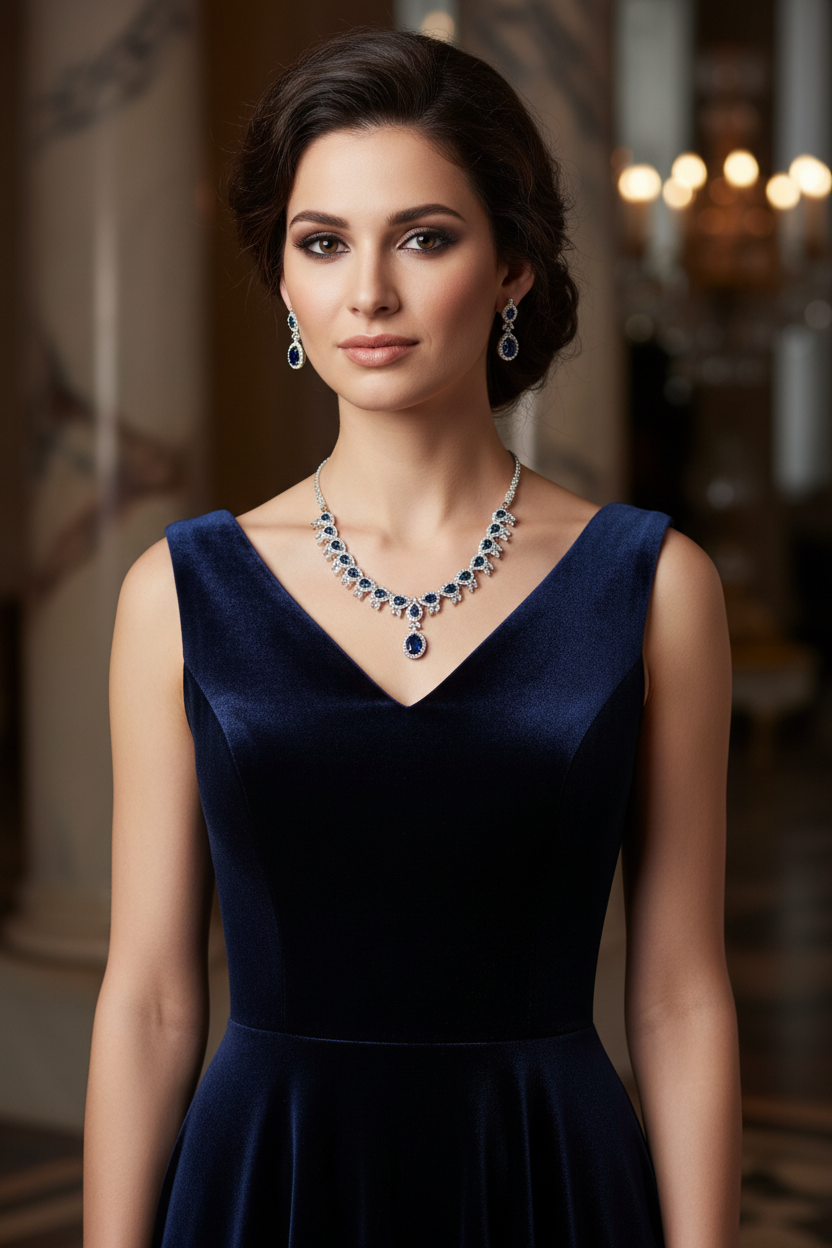 Model in evening gown with sapphire set