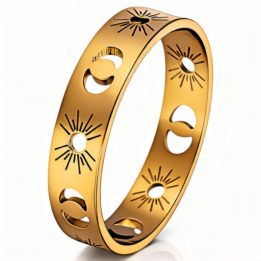 Sun and Moon Ring, 18K Gold Plated Steel