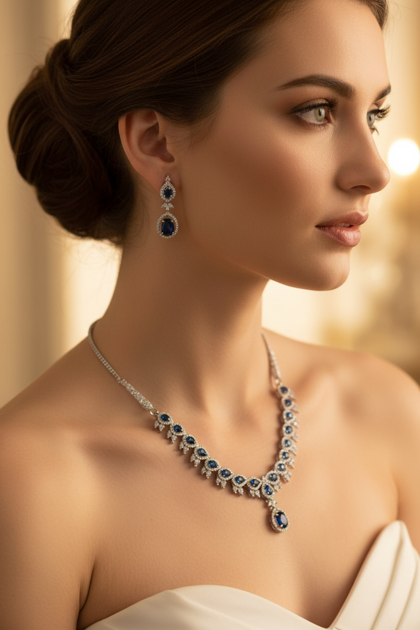 Close-up portrait with sapphire jewellery