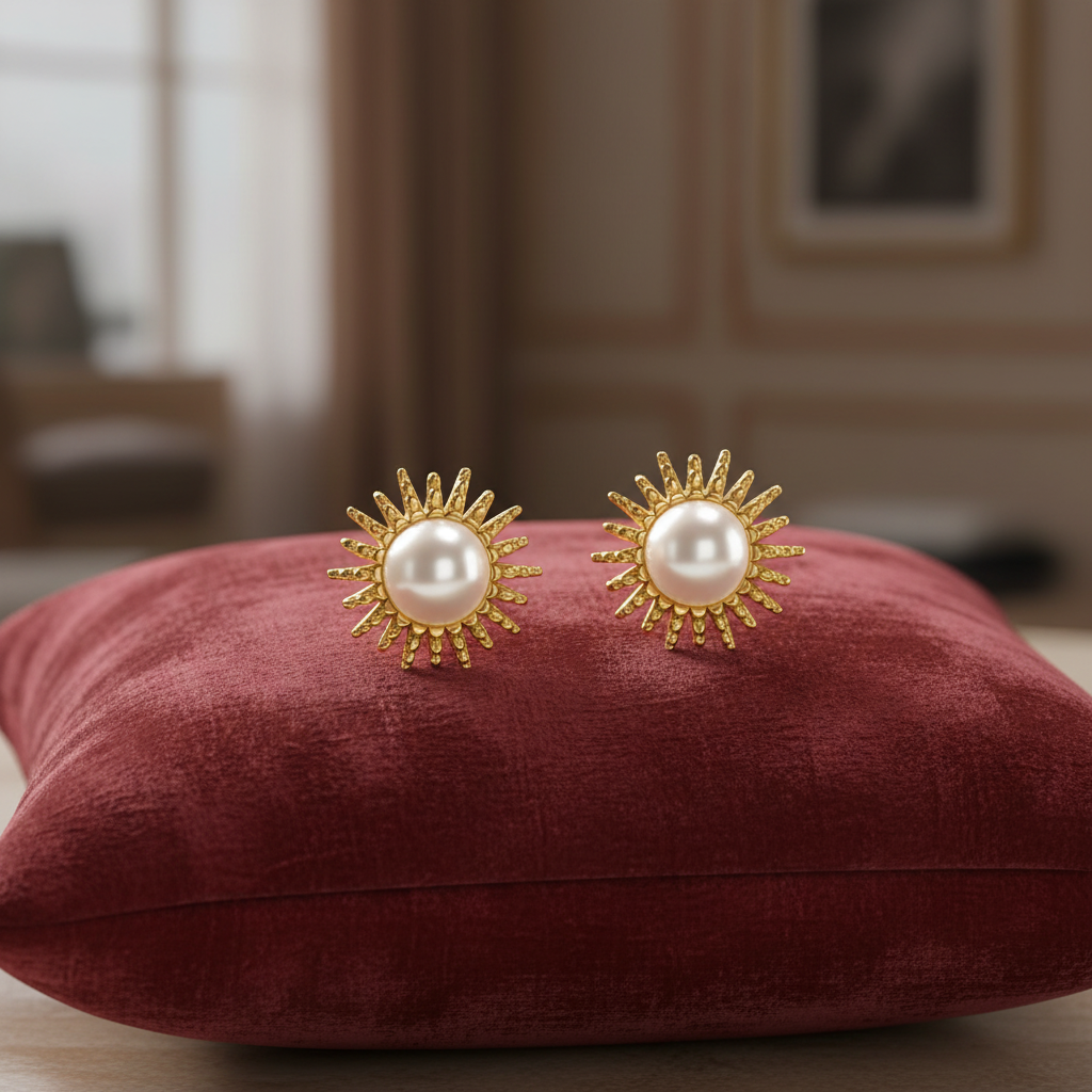 Gold sunburst pearl earrings on cushion