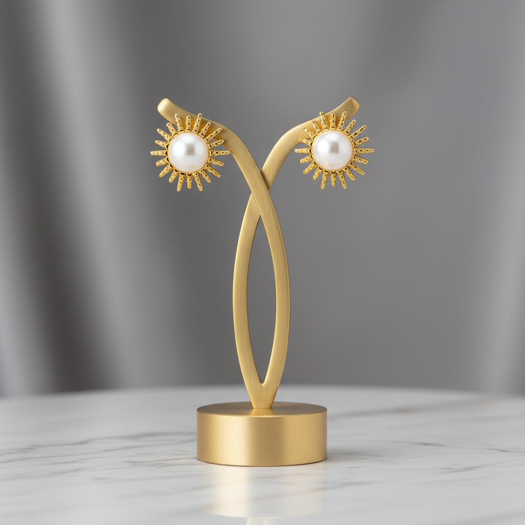 Gold sunburst pearl earrings on jewellery stand