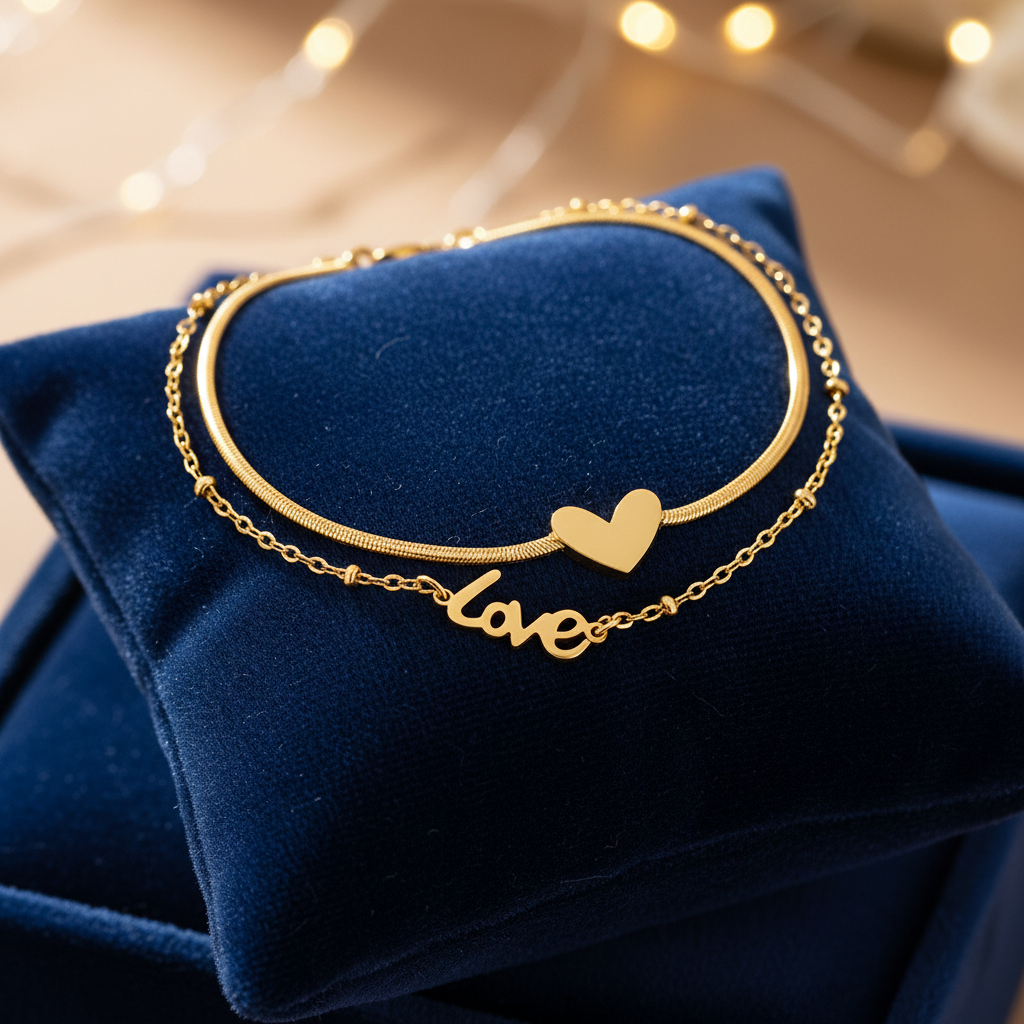 Heart and love anklet on velvet cushion