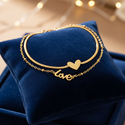 Heart and love anklet on velvet cushion