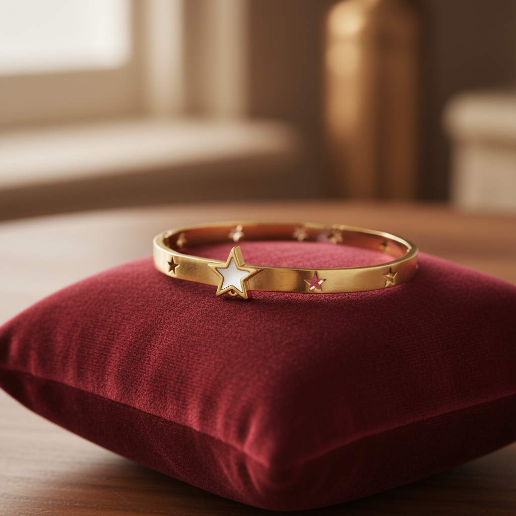 Gold star bangle bracelet on velvet cushion