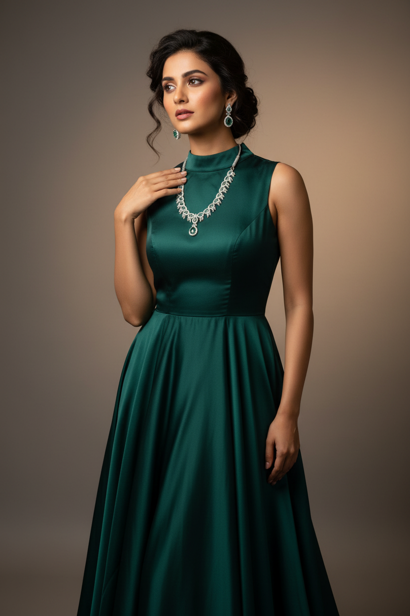 Model wearing emerald green jewellery set
