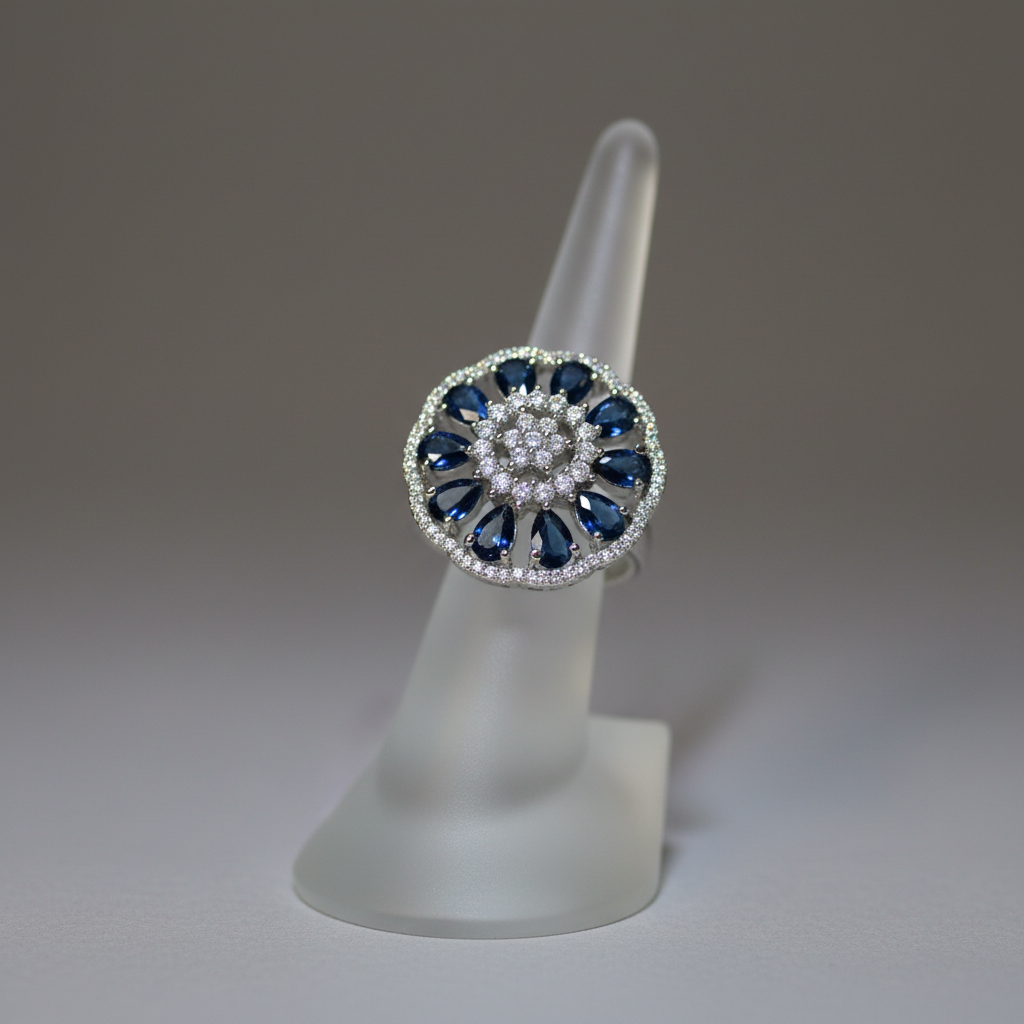 Blue sapphire and crystal flower ring on display stand