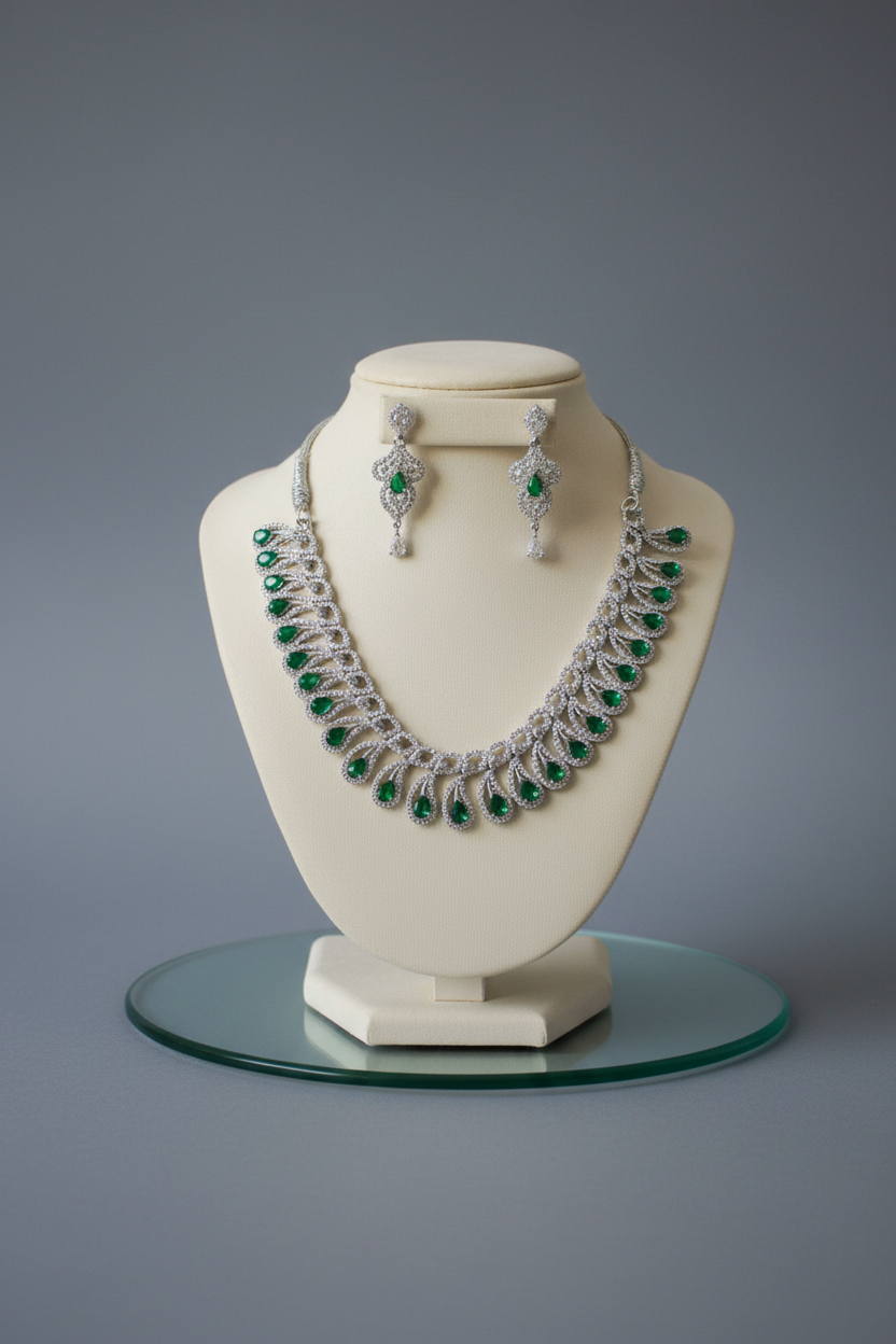Emerald green teardrop jewellery set on display stand
