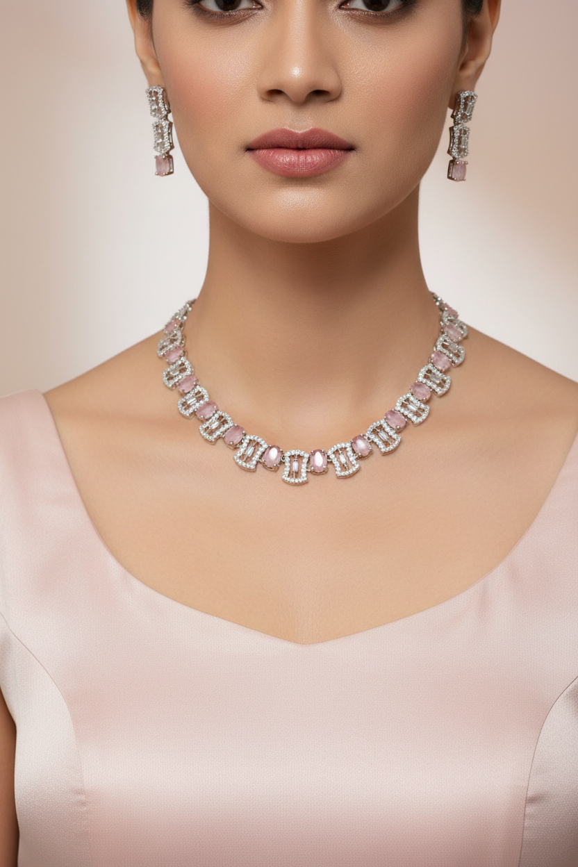 Model wearing pink gemstone jewellery set - close-up