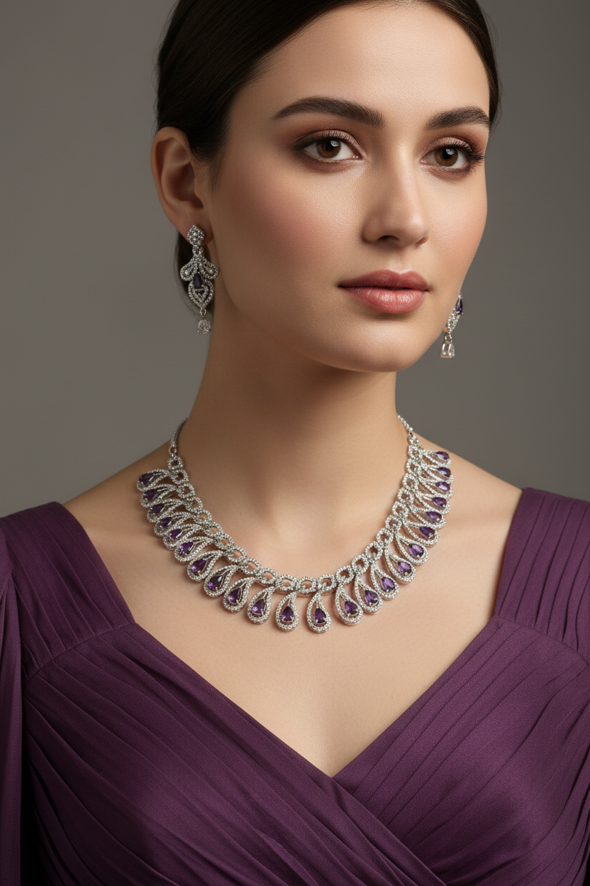 Model wearing purple amethyst teardrop jewellery set - close-up