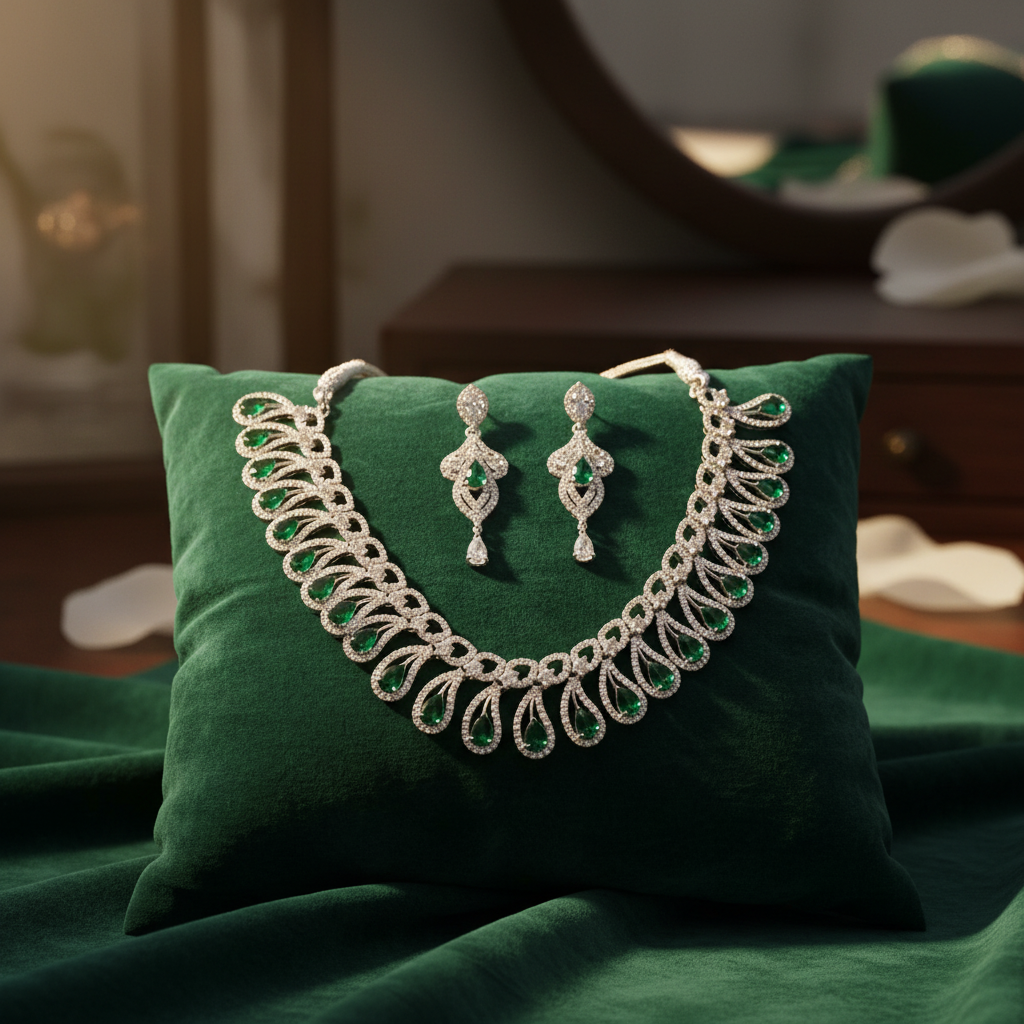 Emerald green teardrop jewellery set on velvet cushion
