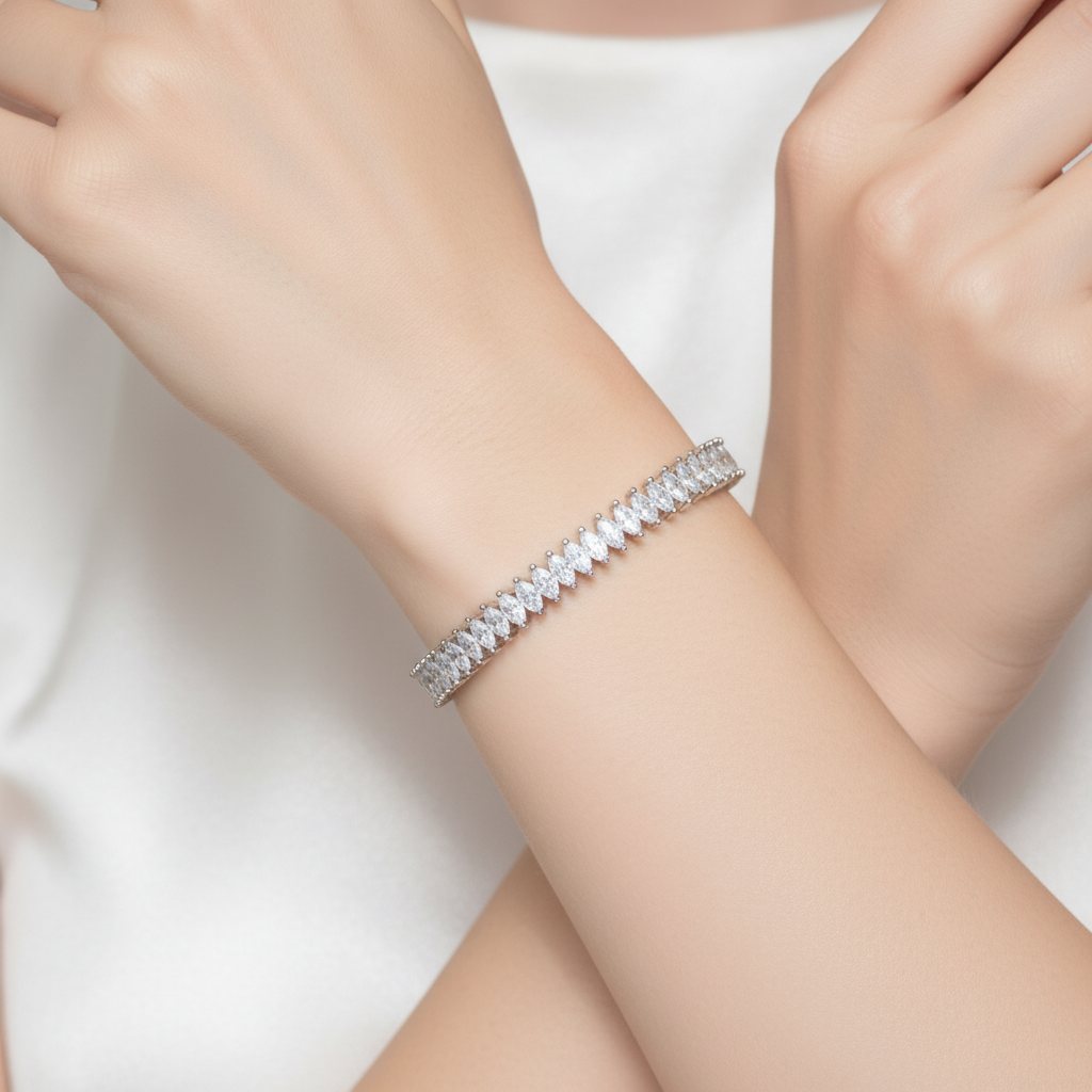 Model wearing crystal marquise bracelet - close-up