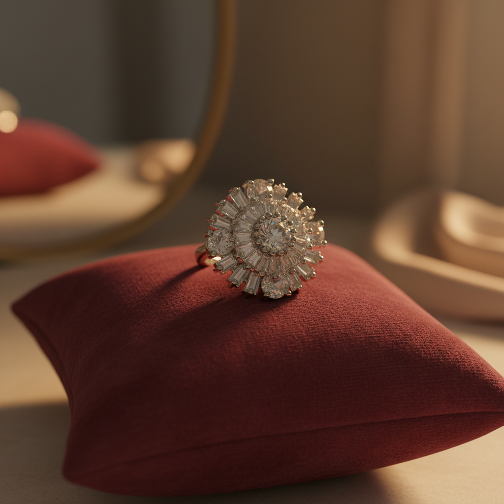 Crystal sunburst ring on velvet cushion
