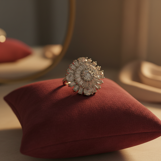 Crystal sunburst ring on velvet cushion