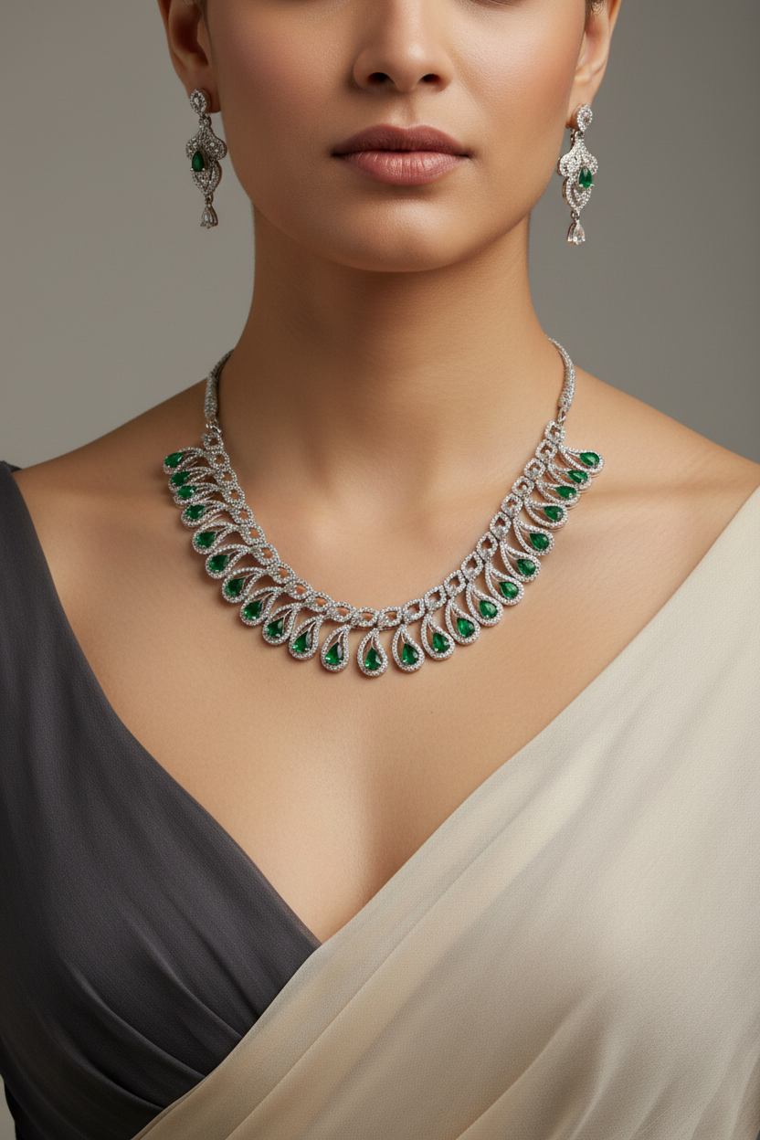 Model wearing emerald green teardrop jewellery set - close-up