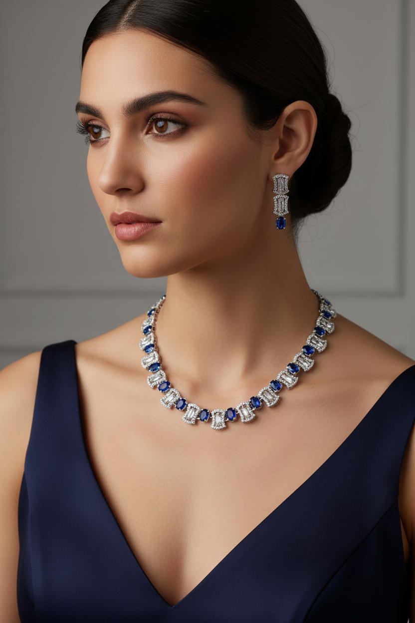 Model wearing blue sapphire and crystal jewellery set - close-up