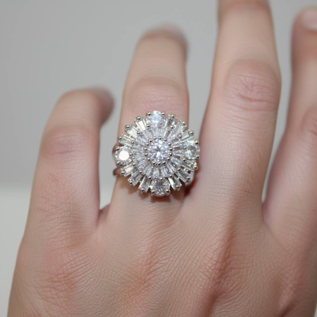 Model wearing crystal flower ring - close-up