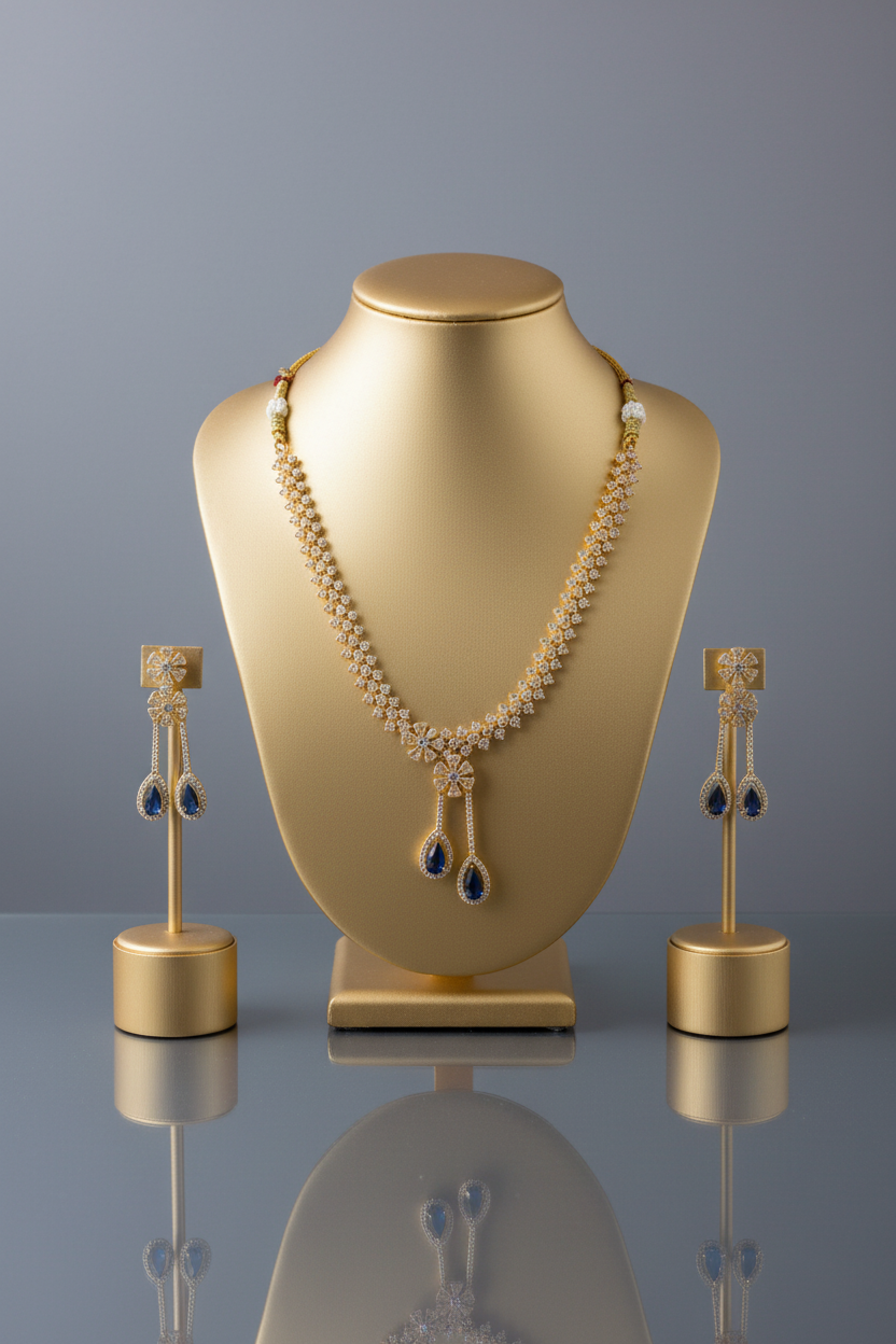 Gold and blue sapphire jewellery set on display stand