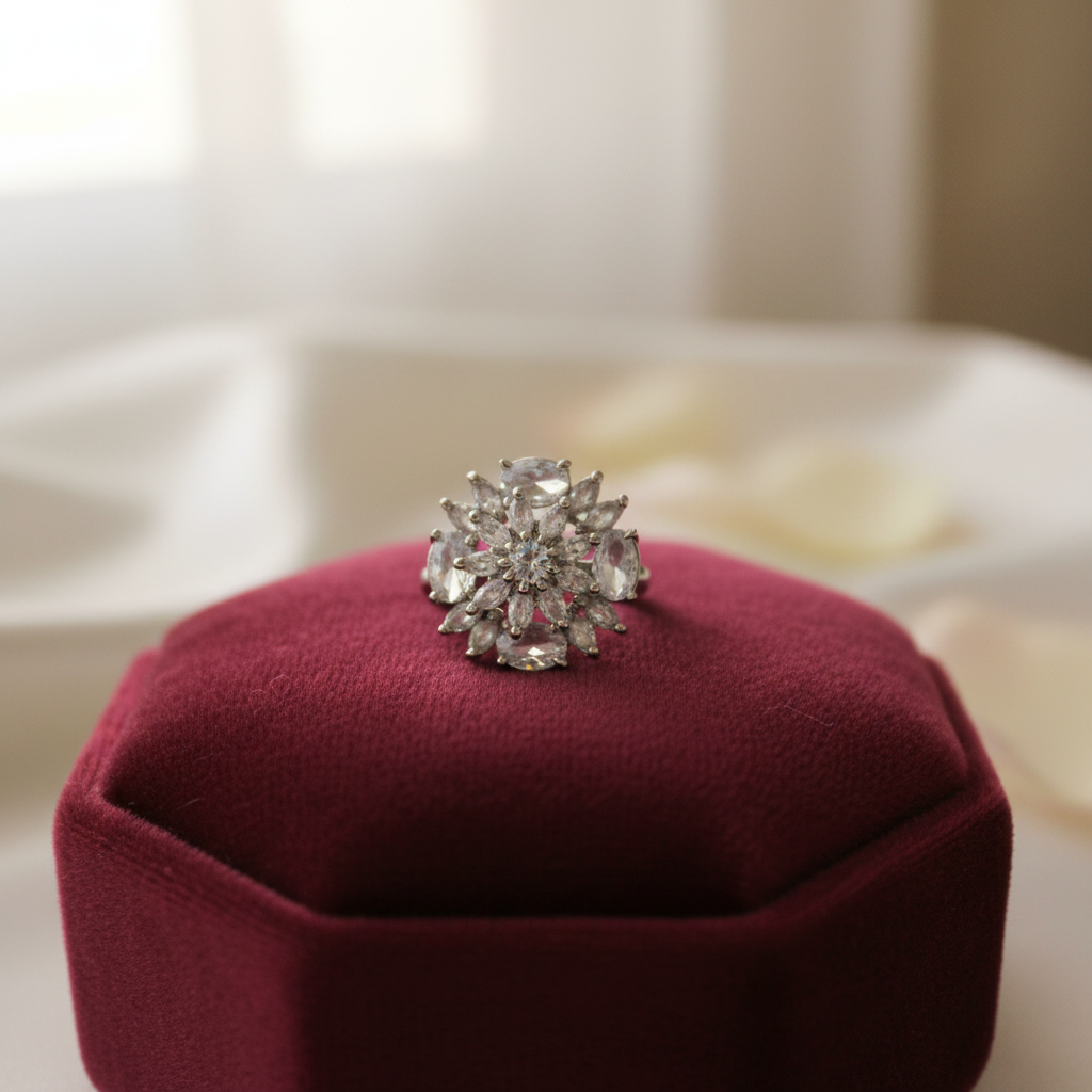 Crystal cluster ring on velvet cushion