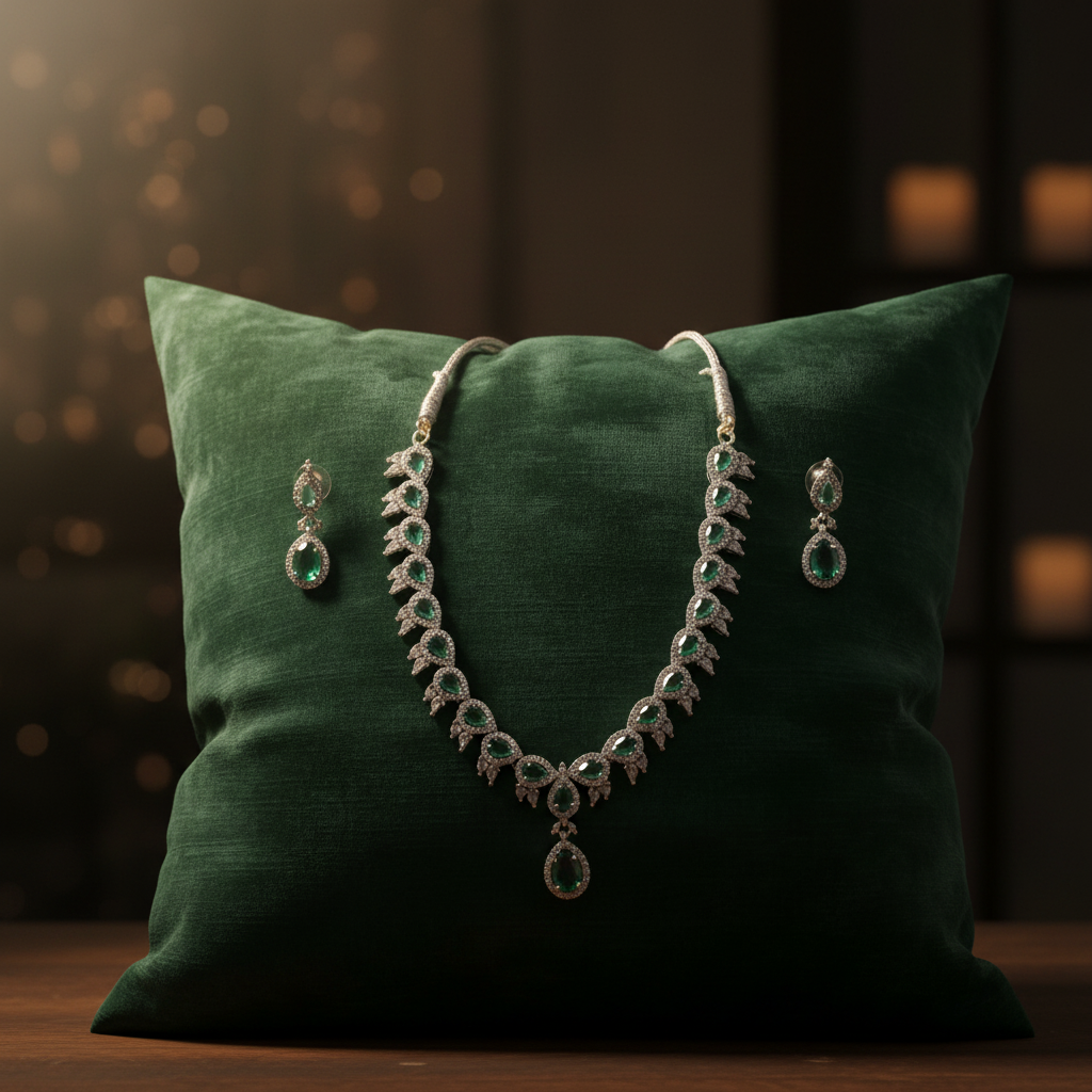 Emerald green jewellery set on velvet cushion