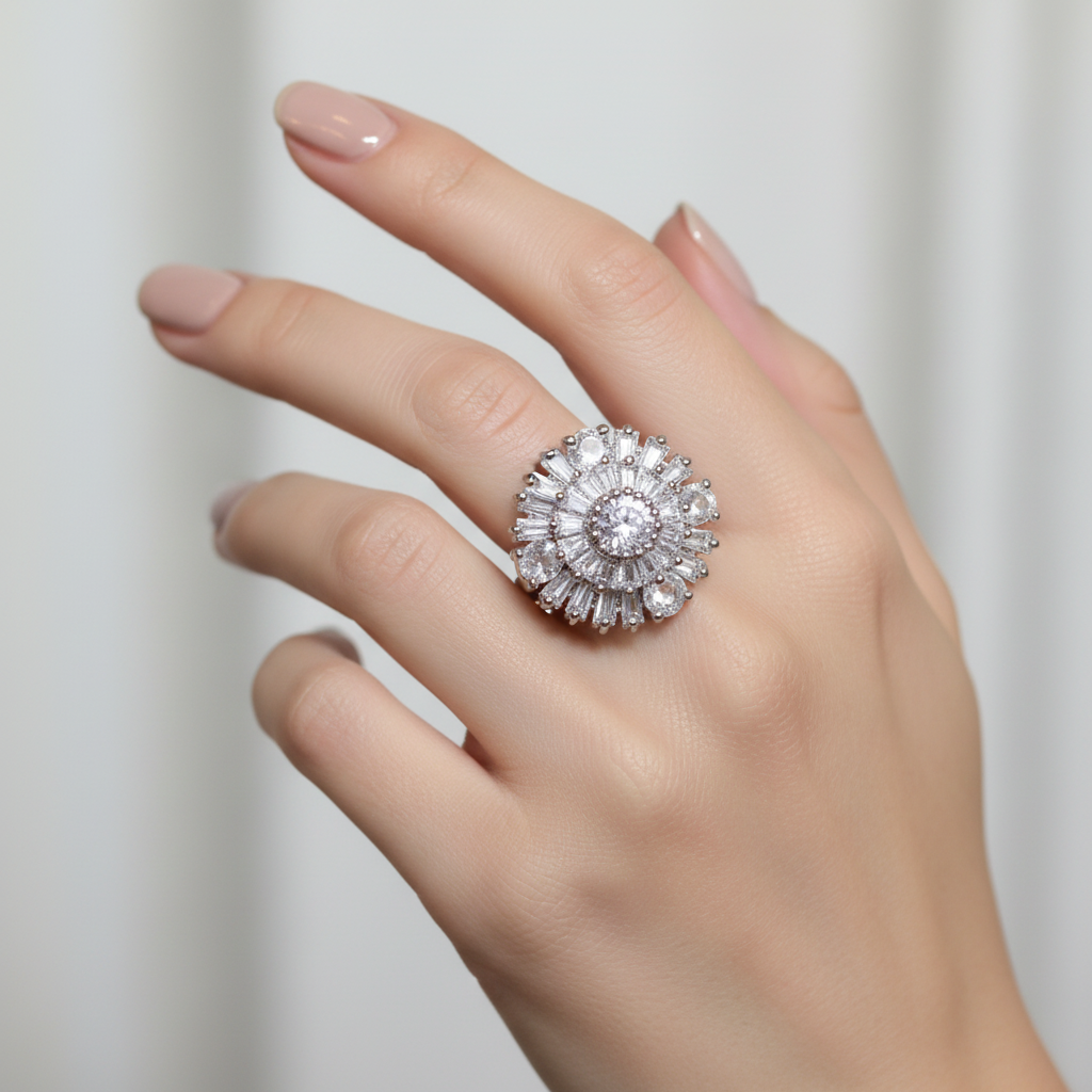 Model wearing crystal sunburst ring - close-up