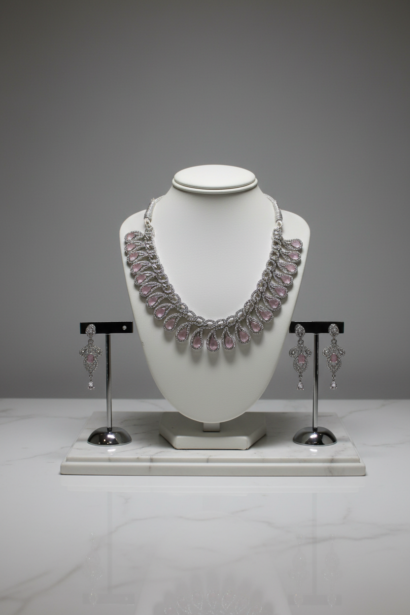 Pink gemstone teardrop jewellery set on display stand