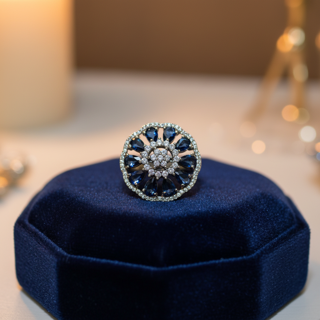 Blue sapphire and crystal flower ring on velvet cushion