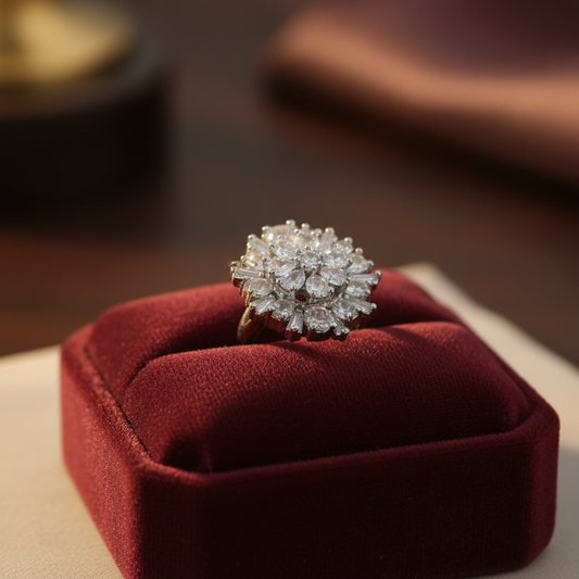 Crystal flower ring on velvet cushion