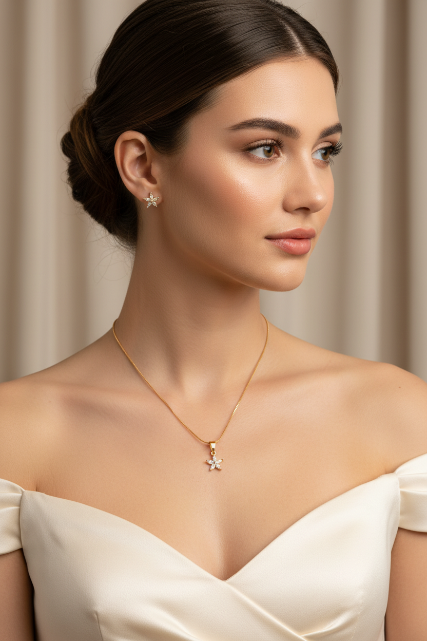 Model wearing gold starfish necklace and earring set - close-up