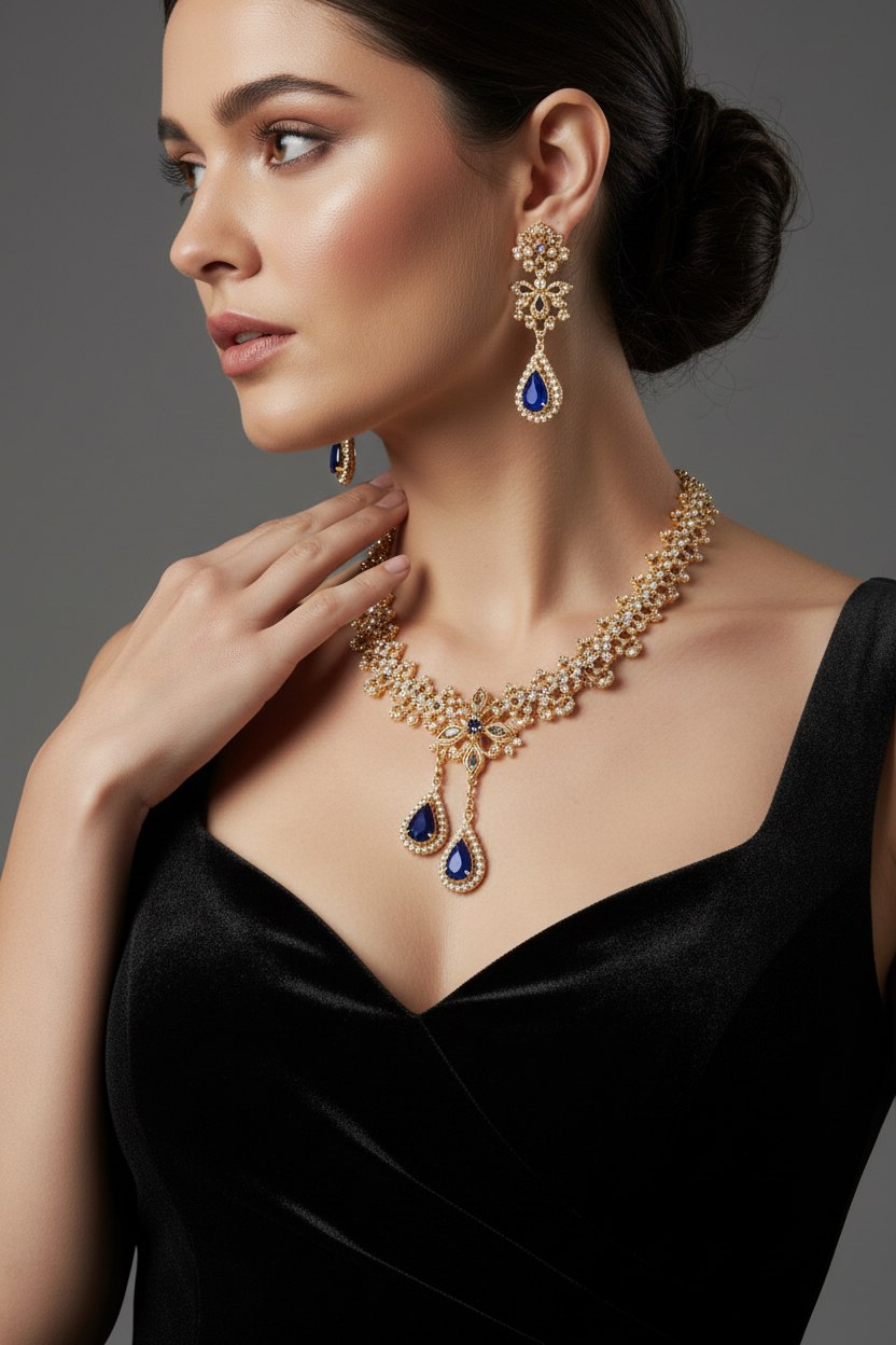 Model wearing gold and blue sapphire jewellery set