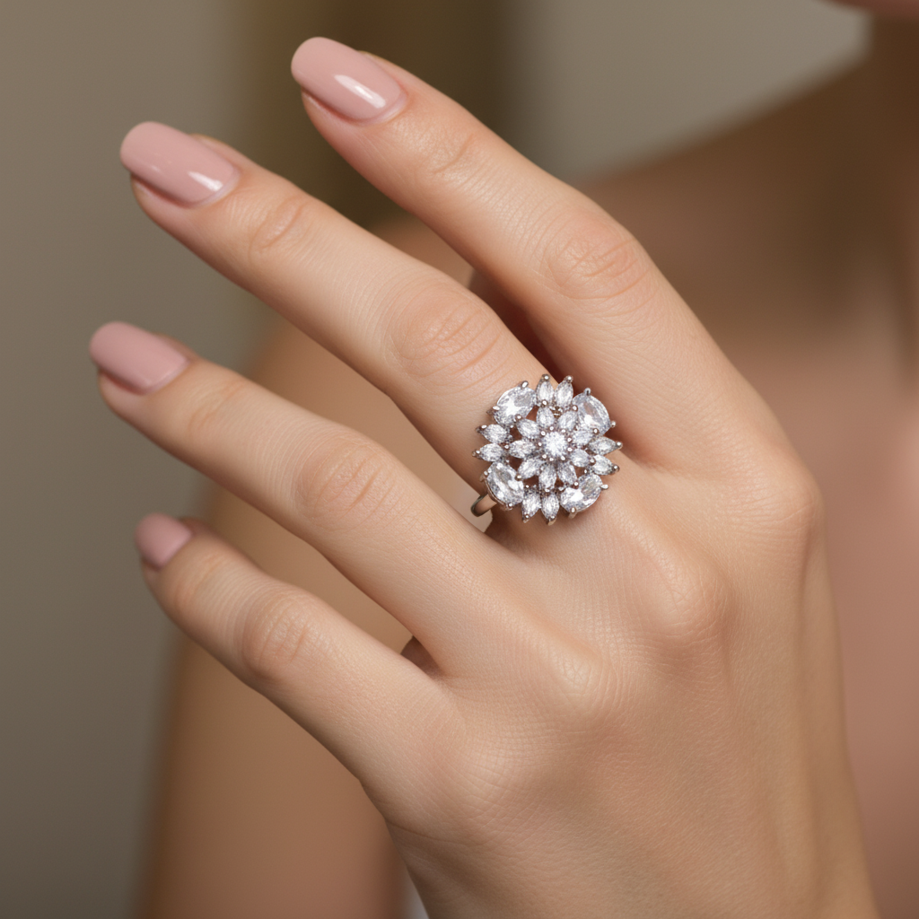 Model wearing crystal cluster ring - close-up
