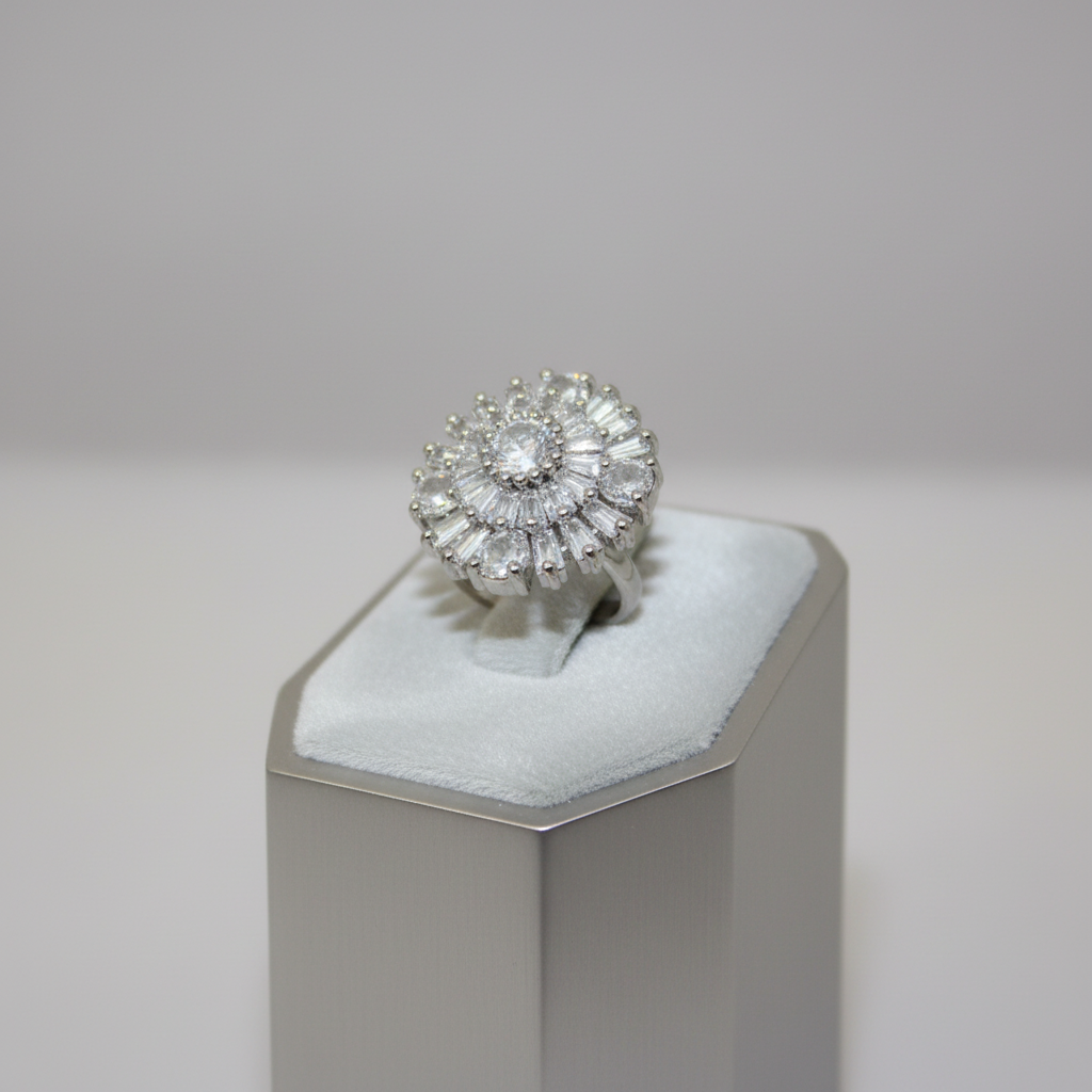 Crystal flower ring on display stand
