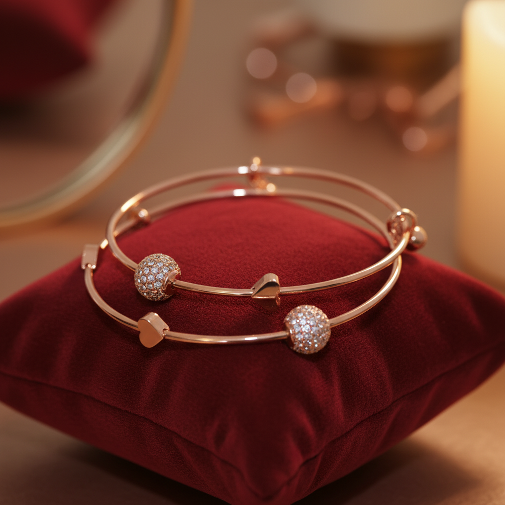 Rose gold bracelet set on velvet cushion