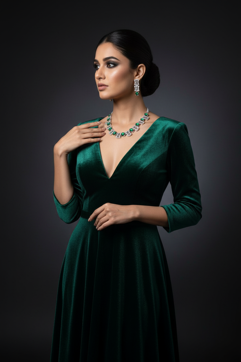 Model wearing emerald jewellery set