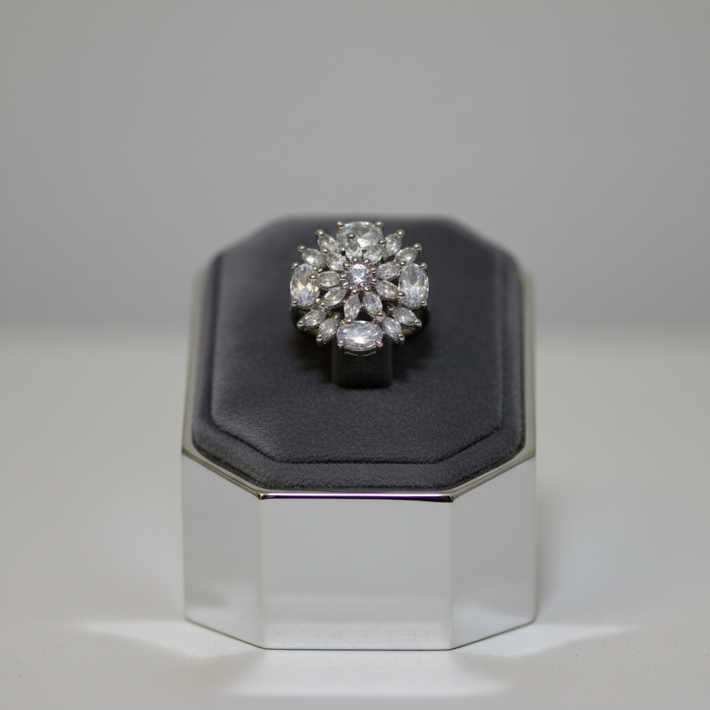 Crystal cluster ring on display stand