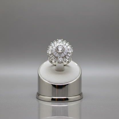 Crystal sunburst ring on display stand