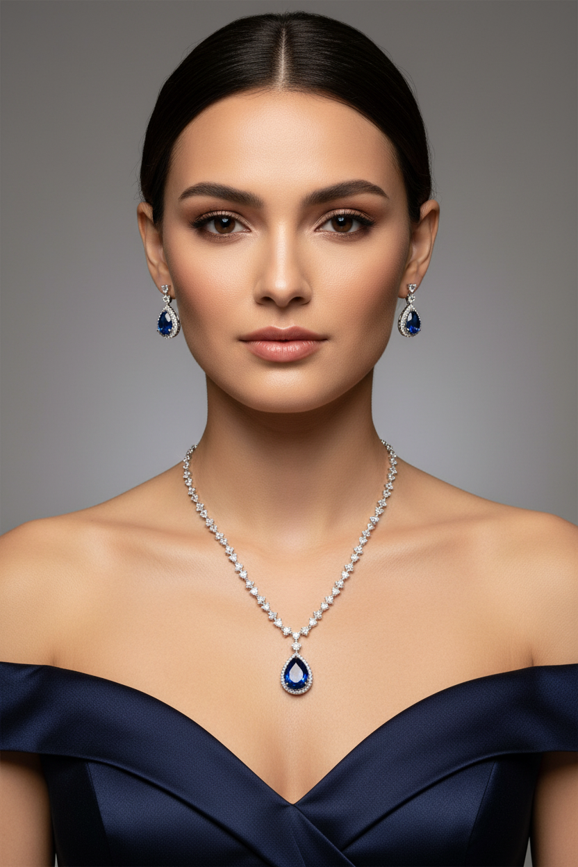 Model wearing blue sapphire pendant jewellery set - close-up