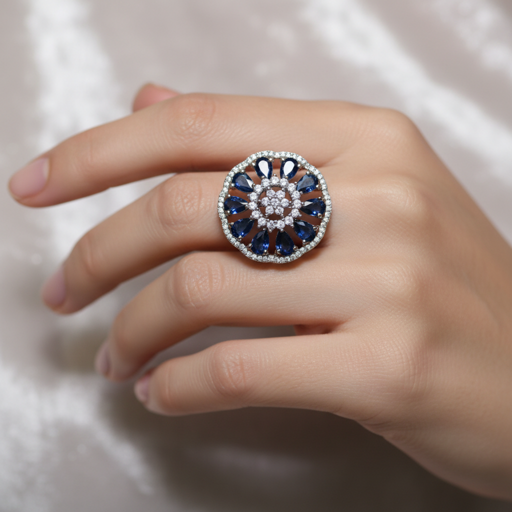 Model wearing blue sapphire and crystal flower ring - close-up