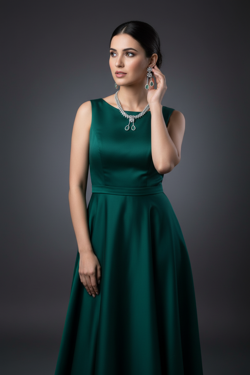 Model wearing emerald jewellery - studio shot