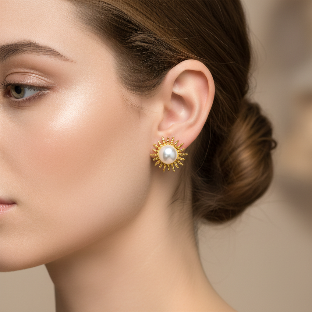 Model wearing gold sunburst pearl earrings - close-up focus