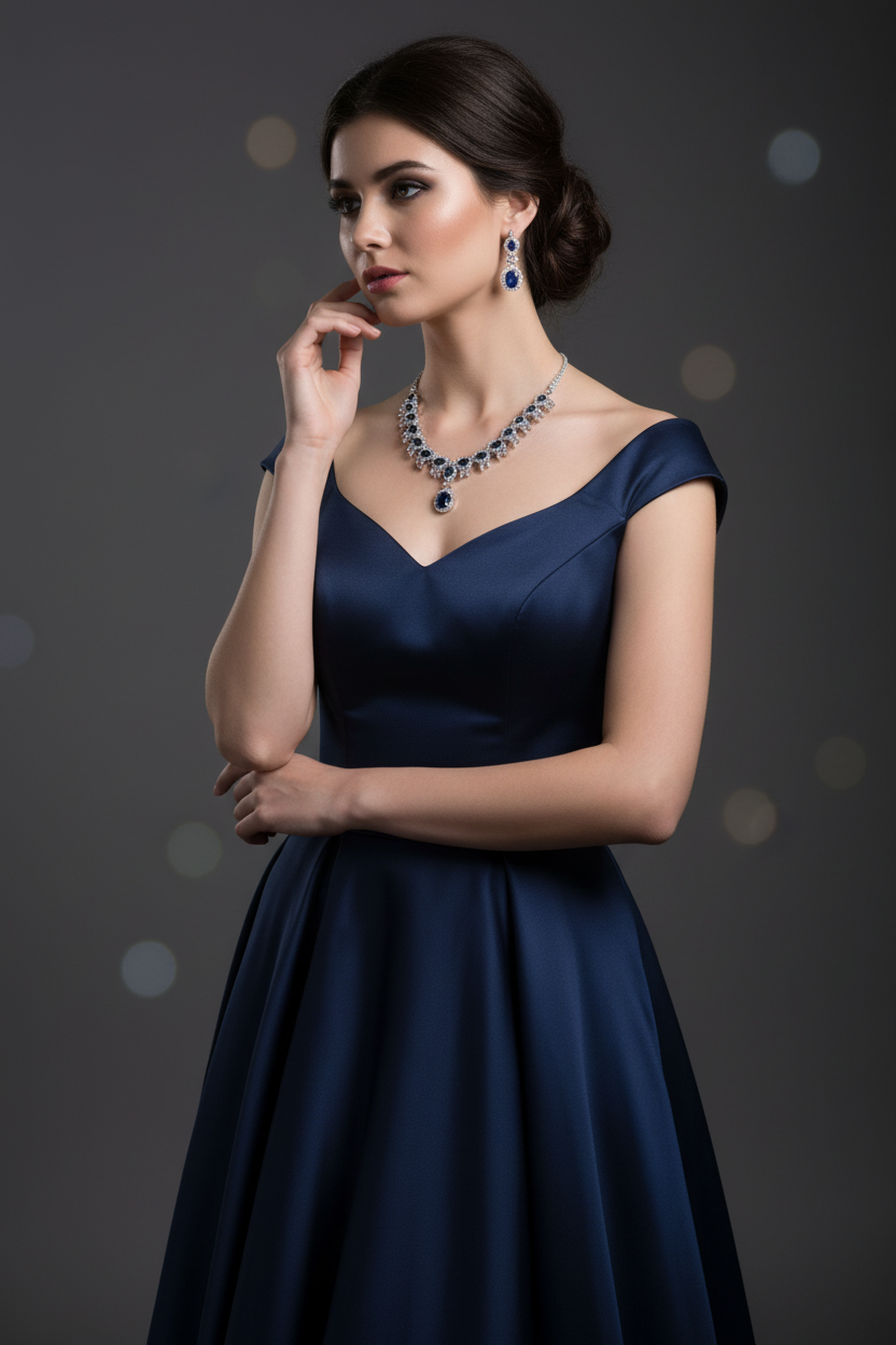 Model wearing sapphire jewellery - studio shot