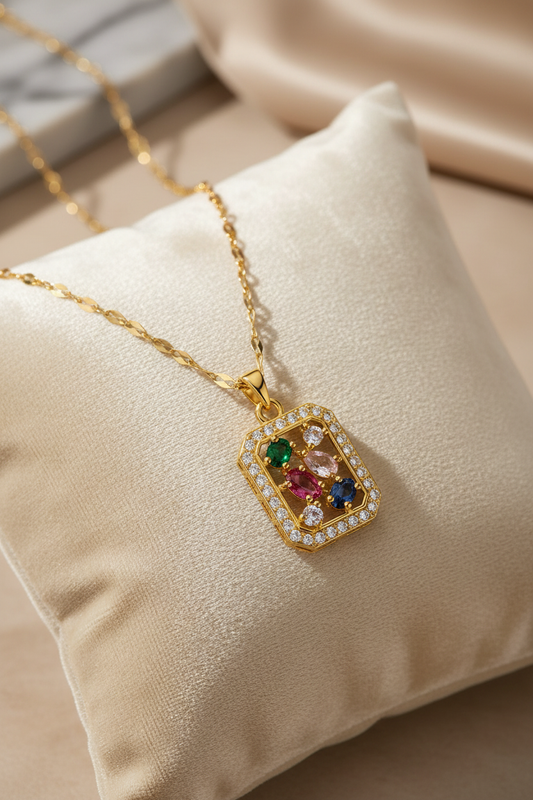 Multi-gemstone pendant on cushion