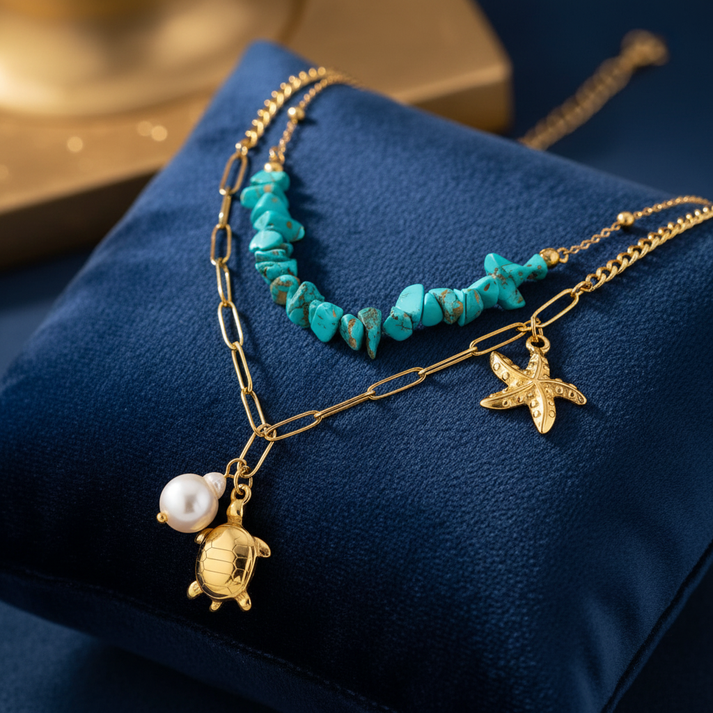 Ocean-themed layered necklace on velvet cushion